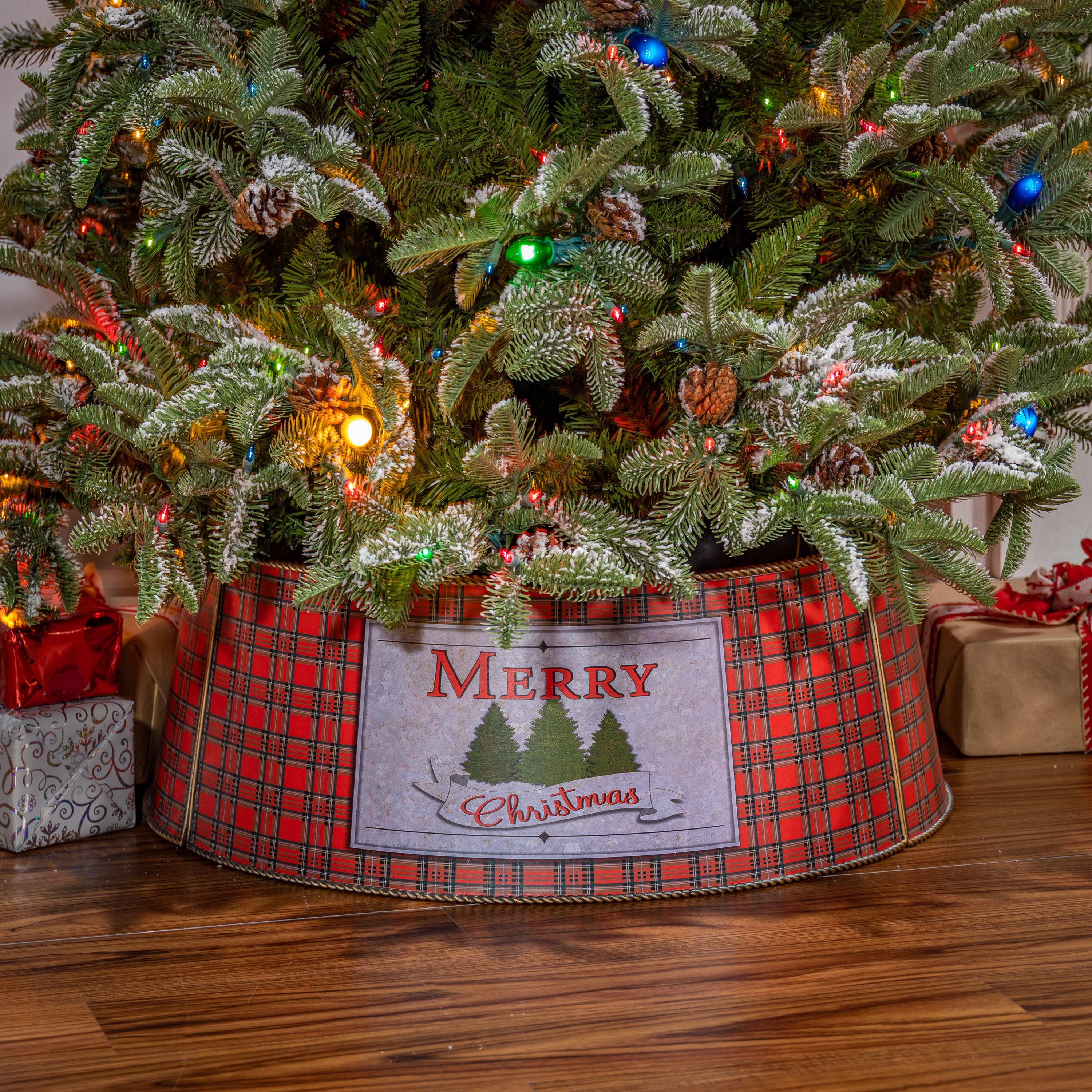 Galvanized Metal Merry Christmas Buffalo Plaid Tree Collar